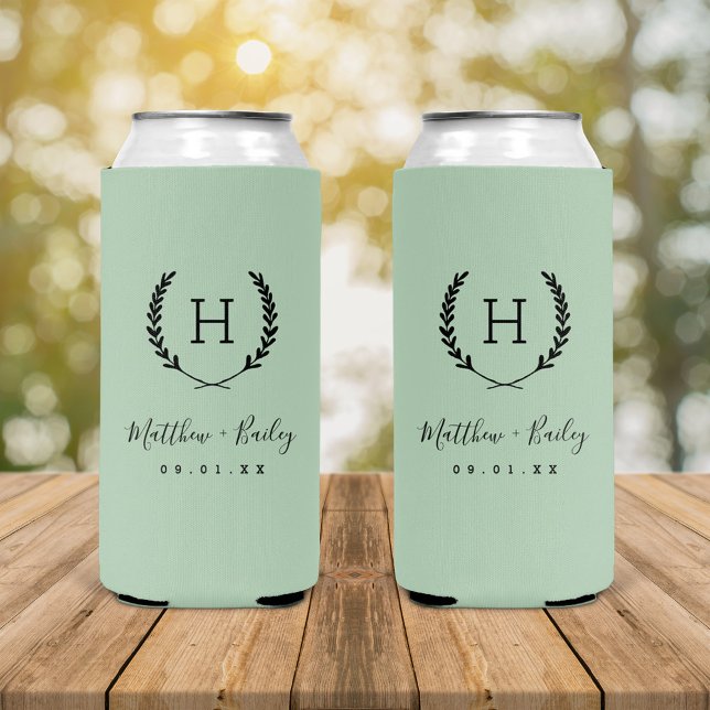 Laurel Crest Wedding Monogram | Sage Seltzer Can Cooler (Creator Uploaded)