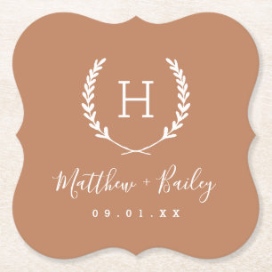 Laurel Crest Wedding Monogram   Terra Cotta Paper Coaster