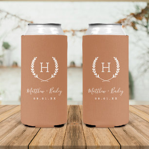 Laurel Crest Wedding Monogram Terra Cotta Seltzer Can Cooler