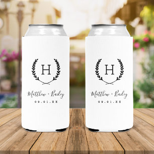 Laurel Crest Wedding Monogram White Seltzer Can Cooler