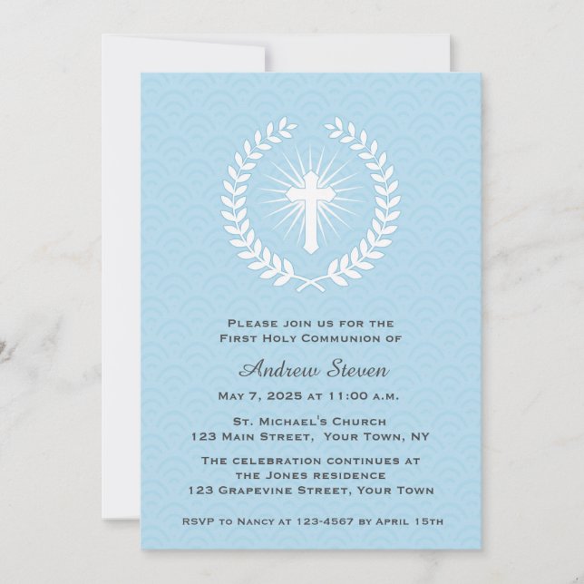 Laurel, Cross, Blue, First Communion Invitation (Front)