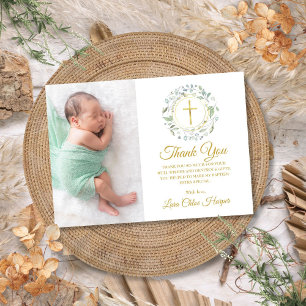 Laurel Floral Baptism, Christening Photo Thank You Card