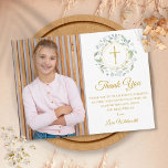 Laurel Garland First Communion Photo Thank You Postcard<br><div class="desc">A decorative laurel garland,  gold rings and crucifix sit above your special first holy communion thank you message and besides your own photo on this elegant design. Designed by Thisisnotme©</div>