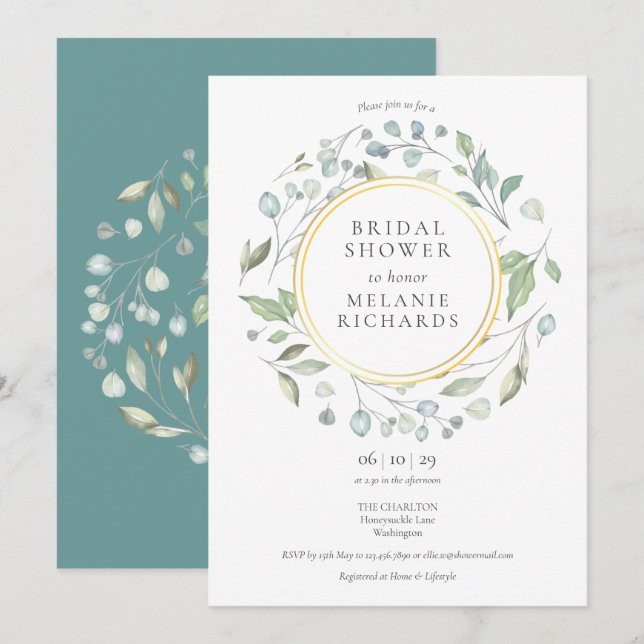 Laurel Garland Floral Gold Foil Bridal Shower Invitation (Front/Back)