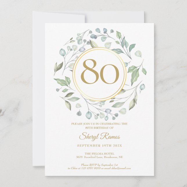 Laurel Garland Gold Monogram 80th Birthday Invitation (Front)
