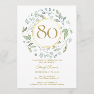 Laurel Garland Gold Monogram 80th Birthday Invitation