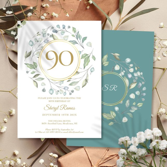 Laurel Garland Gold Monogram 90th Birthday Invitation (Laurel Garland Gold Monogram 90th Birthday Invitation)