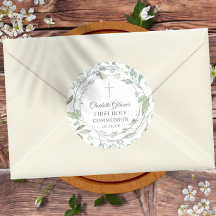 Laurel Garland Silver First Holy Communion Classic Round Sticker