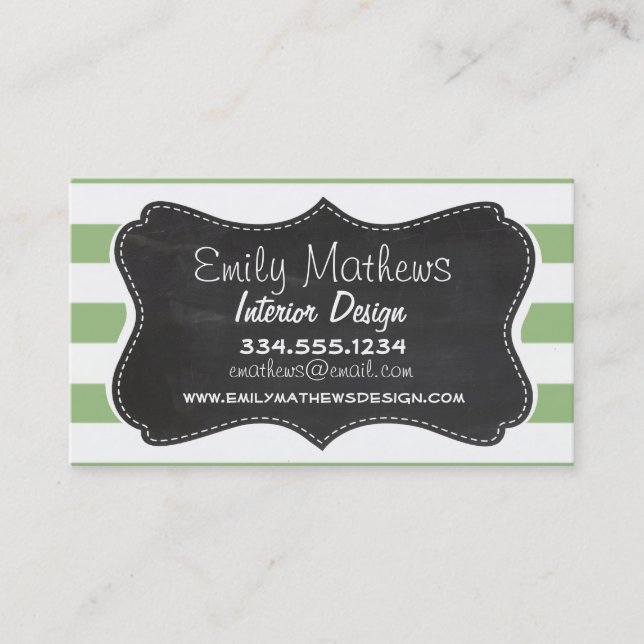 Laurel Green Horizontal Stripes; Chalkboard look Business Card (Front)