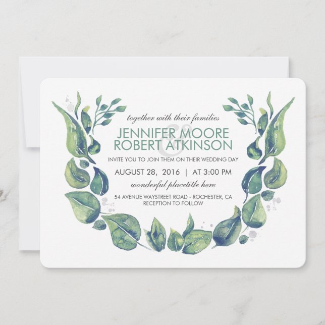 Laurel Greenery Wreath Watercolor Wedding Invitation (Front)