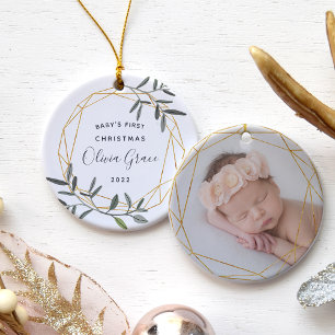 Laurel Leaf Baby's First Christmas Photo Ceramic Tree Decoration