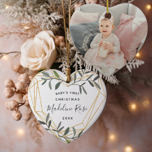 Laurel Leaf Baby's First Christmas Photo Ceramic Tree Decoration