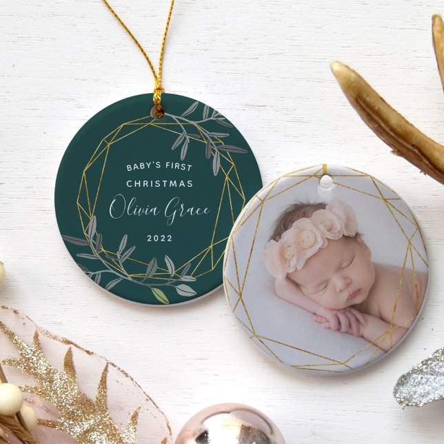 Laurel Leaf Baby's First Christmas Photo Ceramic Tree Decoration (Creator Uploaded)