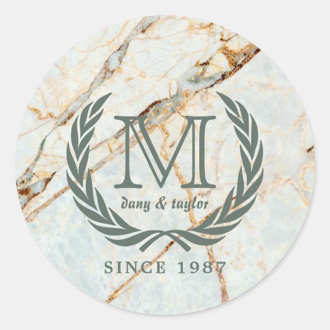 Laurel Leaf Classic Monogram Beautiful Marble Round Sticker (Front)