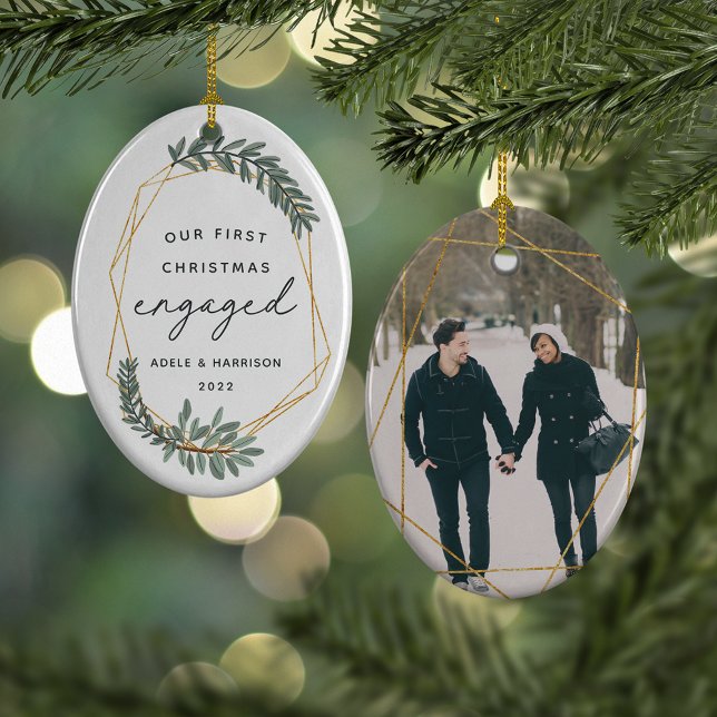 Laurel Leaf First Engaged Christmas Photo Ceramic Tree Decoration (Creator Uploaded)