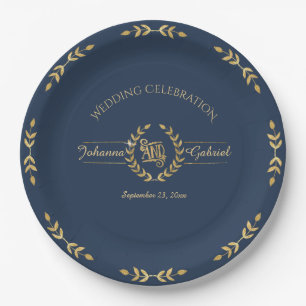 Laurel Leaf Wreath Wedding Celebration Navy Gold Paper Plate