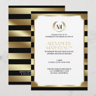 Laurel Monogrammed Black and Gold  Graduation Invitation