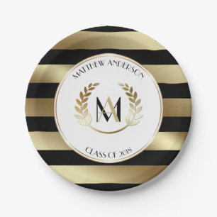 Laurel Monogrammed Black and Gold Graduation Party Paper Plate