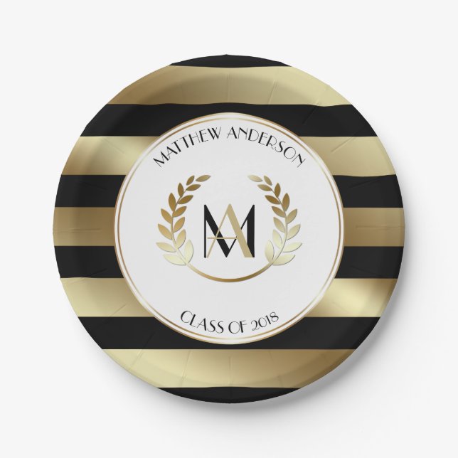 Laurel Monogrammed Black and Gold Graduation Party Paper Plate (Front)