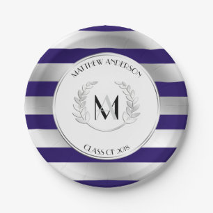 Laurel Monogrammed Silver and Blue Grad Party Paper Plate