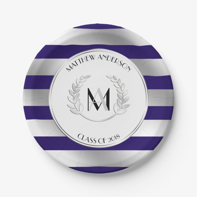 Laurel Monogrammed Silver and Blue Grad Party Paper Plate (Front)