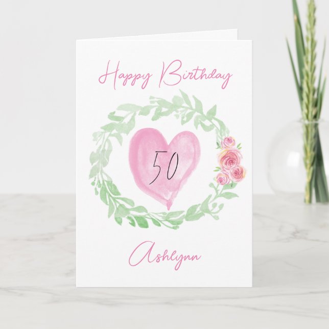 Laurel Watercolor Pink Heart 50th Birthday Card (Front)