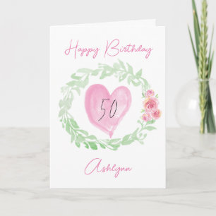 Laurel Watercolor Pink Heart 50th Birthday Card
