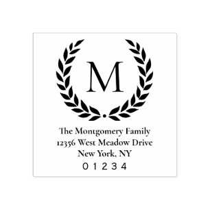Laurel Wreath Family Name Monogram Return Address Rubber Stamp