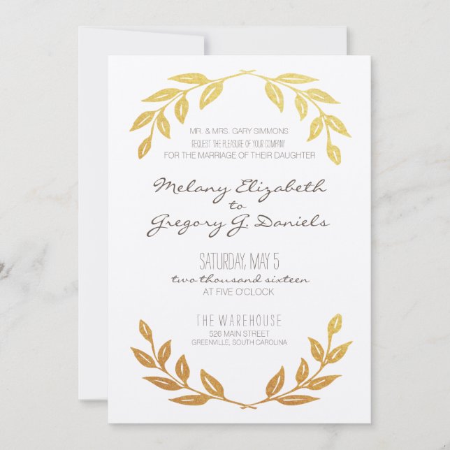 Laurel Wreath Gold Leaf Wedding Invitation (Front)