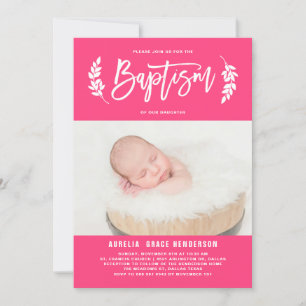 Laurel Wreath Hot Pink Photo Baptism Invitation