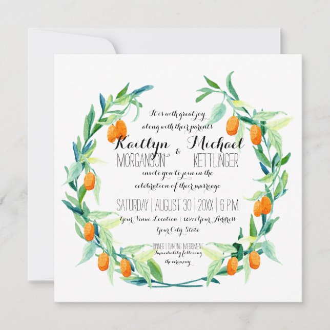Laurel Wreath Kumquat Leaf Branch Modern Square Invitation (Front)