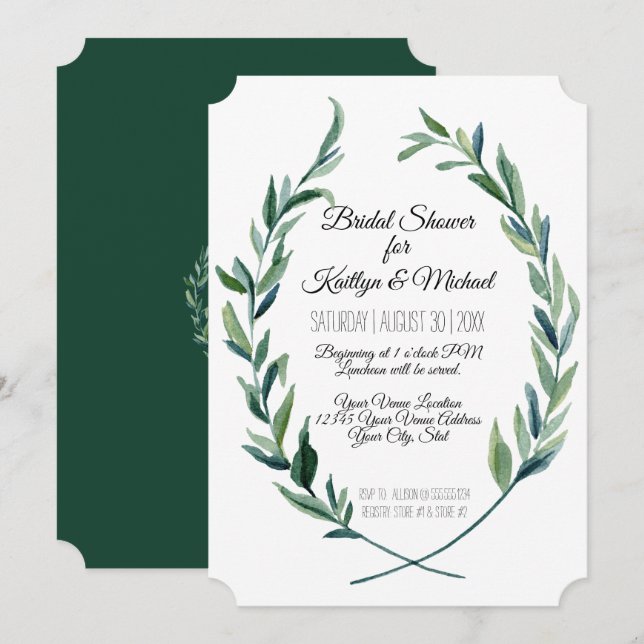 Laurel Wreath Leaf Foliage Monogram Couples Shower Invitation (Front/Back)