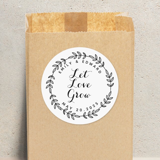 Laurel Wreath Let Love Grow Wedding Favour Classic Round Sticker (Creator Uploaded)