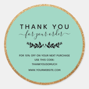 Laurel Wreath Mint Faux Gold Thank You For Order Classic Round Sticker