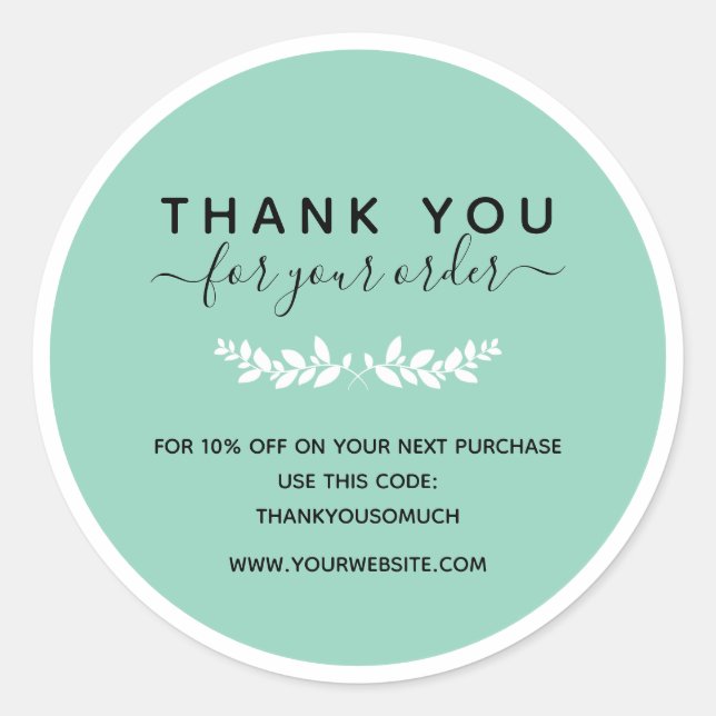 Laurel Wreath Mint Thank You For Order Classic Round Sticker (Front)