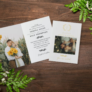 Laurel Wreath Monogram Typography QR Code Wedding Foil Greeting Card