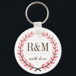 Laurel Wreath Monogram Wedding Keychain Pink White<br><div class="desc">Vintage and classic laurel wreath monogram keychain for wedding, bridal shower, graduation party, anniversary, engagement party or any special occasion. A great souvenir for your guests or bridesmaid on that special day. Customise the wording to fit any event. You can also customise the background colour of the keychain by clicking...</div>
