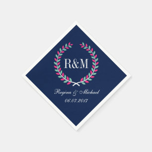 Laurel Wreath Monogram Wedding Napkin Navy Blue