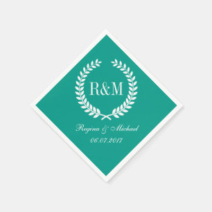 Laurel Wreath Monogram Wedding Napkin Teal Blue