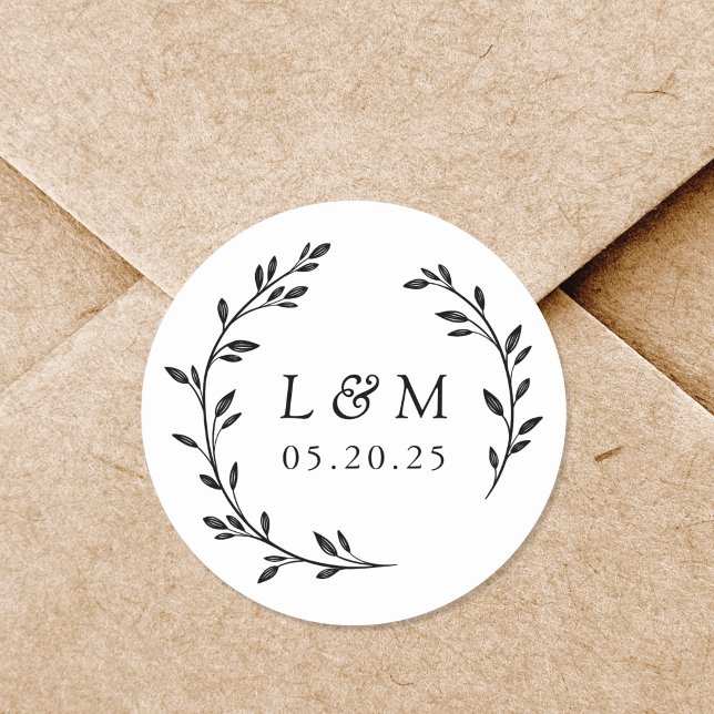 Laurel Wreath Monogram Wedding Save the Date Classic Round Sticker (Creator Uploaded)