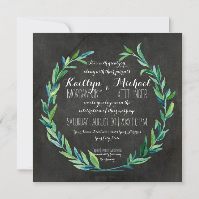 Laurel Wreath Olive Leaf Branch Chalkboard Square Invitation (Front)