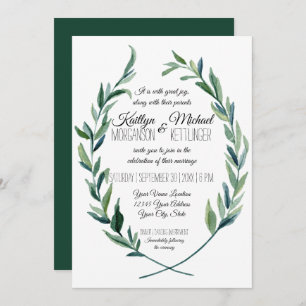 Laurel Wreath Olive Leaf Modern Emerald Green Invitation