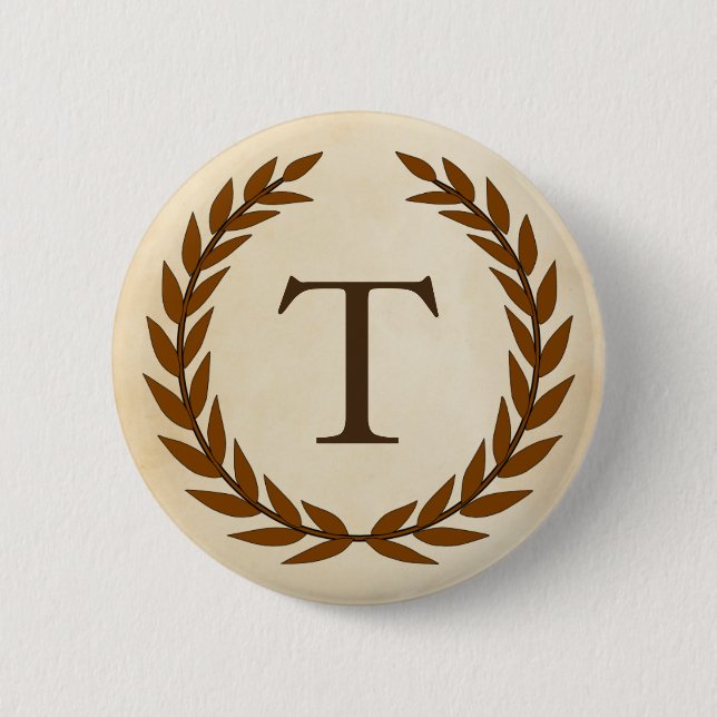 Laurel Wreath on Parchment Monogram Initial T 6 Cm Round Badge (Front)