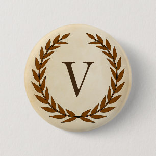 Laurel Wreath on Parchment Monogram Initial V 6 Cm Round Badge