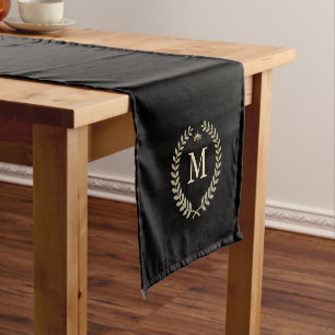 Laurel wreath on simple back background monogram short table runner