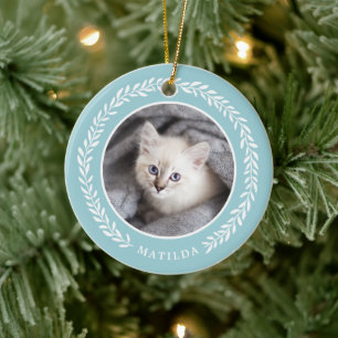 Laurel Wreath Pet Photo Christmas Ornament   Blue