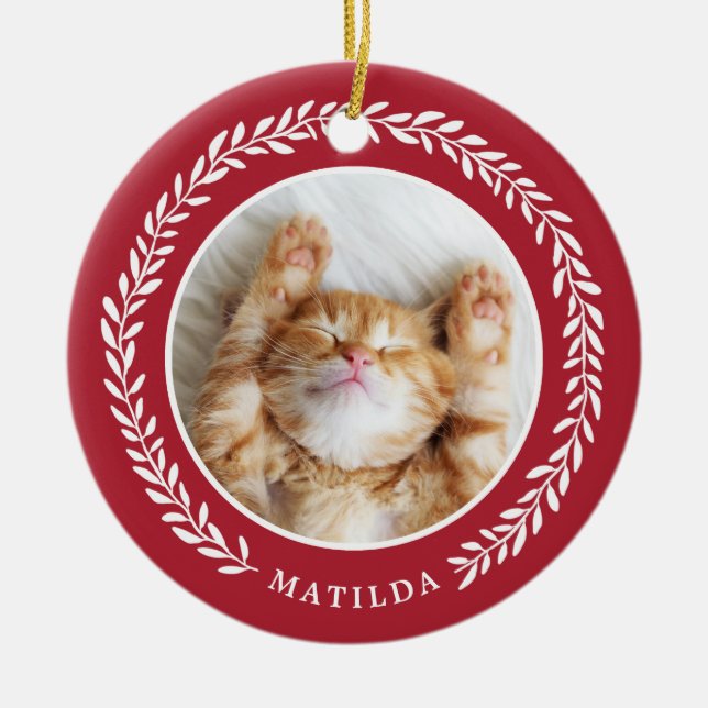 Laurel Wreath Pet Photo Christmas Ornament | Red (Front)