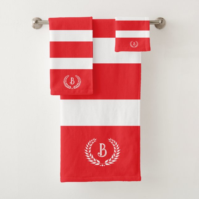 Laurel Wreath Red & White Stripes Pattern Bath Towel Set (Insitu)
