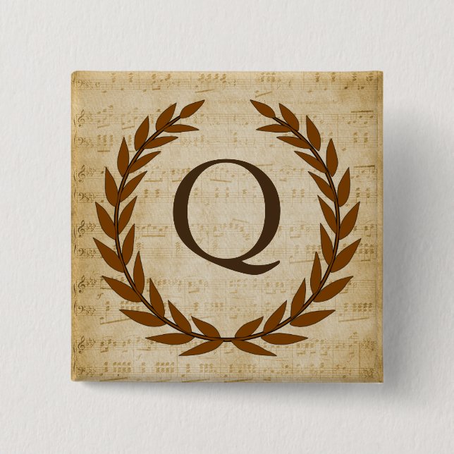 Laurel Wreath Sheet Music Monogram Initial Q 15 Cm Square Badge (Front)