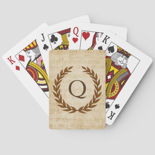 Laurel Wreath Sheet Music Monogram Initial Q Playing Cards (Back)